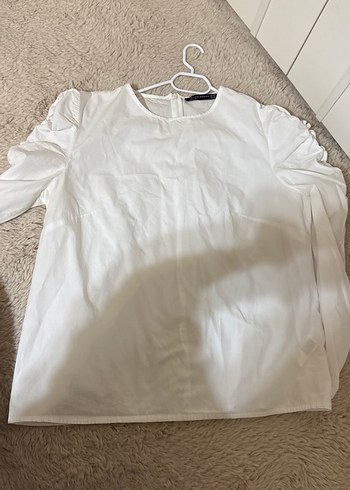 Kol ortası büzgülü beyaz Keten Bluz, Fırfırlı, Yüksek Yaka - Görsel 7