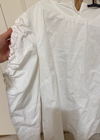 Kol ortası büzgülü beyaz Keten Bluz, Fırfırlı, Yüksek Yaka - Görsel 5