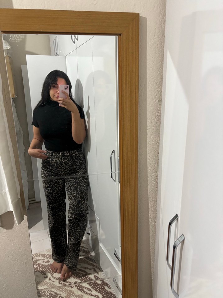 Siyah Leopar Desenli Kadın Cigarette Pantolon - Görsel 2