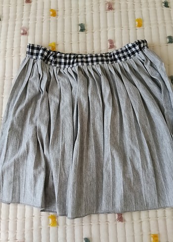 8 Yaş Beden Gri Keten Pilili Midi Etek