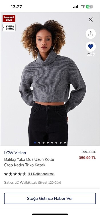 LC Waikiki Gri Boğazlı Crop Kazak