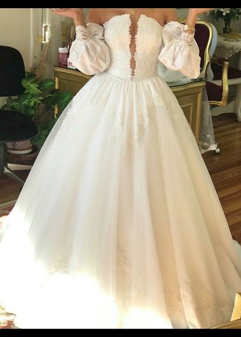 Straplez A Kesim Uzun Beyaz Gelinlik - Görsel 7