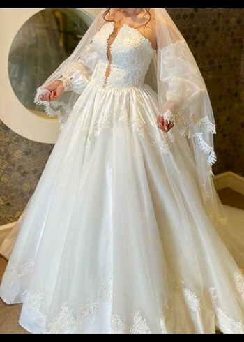 Straplez A Kesim Uzun Beyaz Gelinlik - Görsel 4