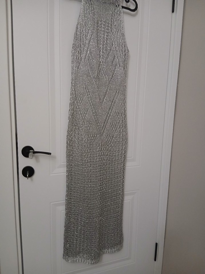 File Detaylı Gri Uzun Örgü Elbise - Görsel 4