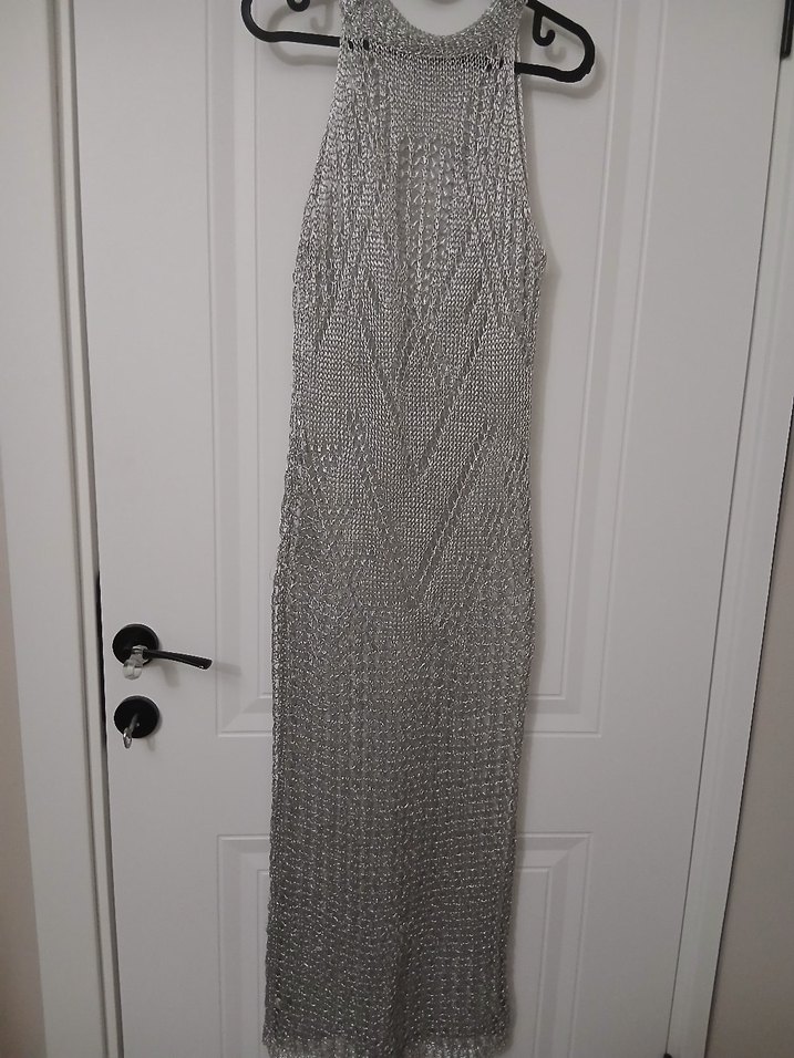 File Detaylı Gri Uzun Örgü Elbise - Görsel 3