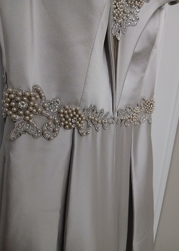 Bej V Yaka Drapeli Uzun Abiye Elbise - Görsel 3