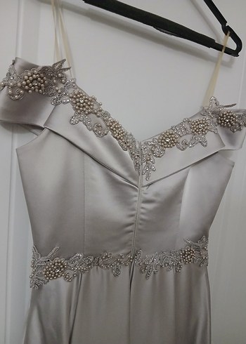 Bej V Yaka Drapeli Uzun Abiye Elbise - Görsel 4