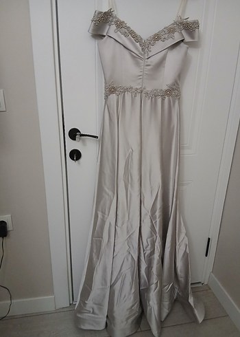 Bej V Yaka Drapeli Uzun Abiye Elbise - Görsel 5