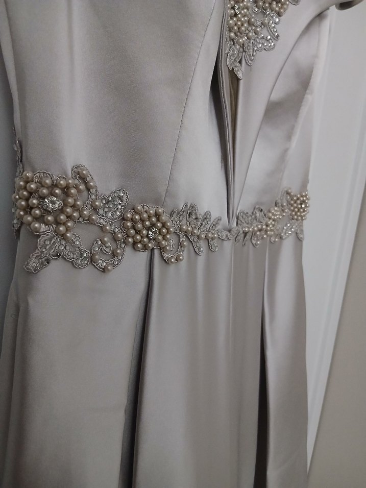 Bej V Yaka Drapeli Uzun Abiye Elbise - Görsel 3