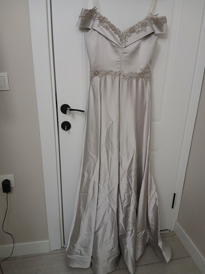 Bej V Yaka Drapeli Uzun Abiye Elbise - Görsel 5