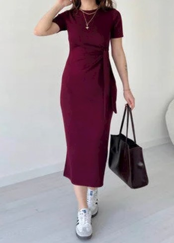 Bordo Yandan Bağlamalı Günlük Elbise