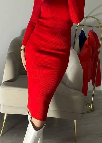 Kırmızı Yüksek Yakalı Fitilli Triko Elbise - Görsel 2