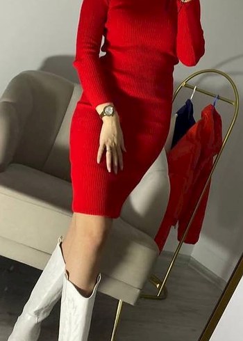 Kırmızı Yüksek Yakalı Fitilli Triko Elbise - Görsel 3