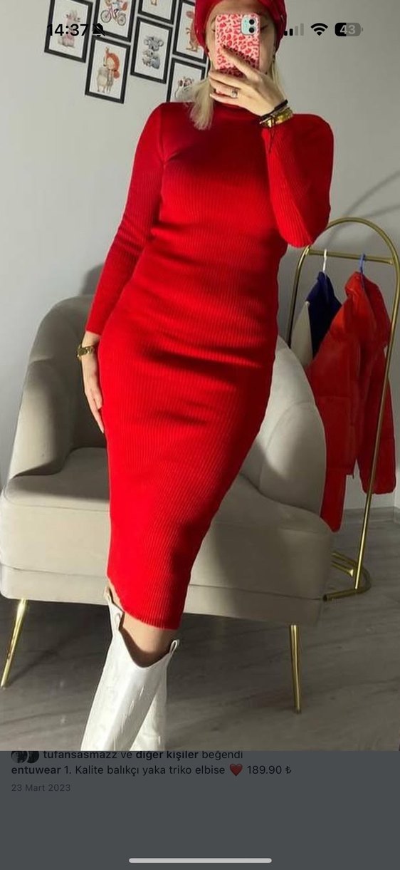 Kırmızı Yüksek Yakalı Fitilli Triko Elbise - Görsel 2