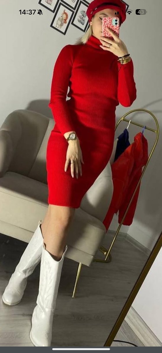 Kırmızı Yüksek Yakalı Fitilli Triko Elbise - Görsel 3