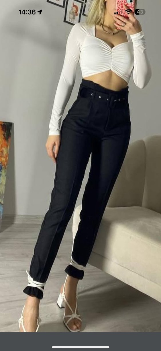 Kadın Siyah Kemerli Kumaş Pantolon - Görsel 2