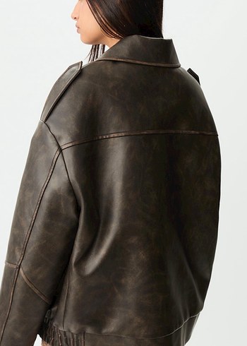 Kahverengi Kürklü Deri Biker Ceket - Görsel 3