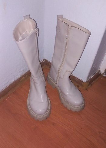 Beyaz Deri Platform Topuklu Diz Boyu cocuk Çizme 32 numara - Görsel 2