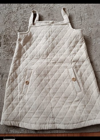 Kız Çocuk Bej Keten Piliseli Elbise - Görsel 3