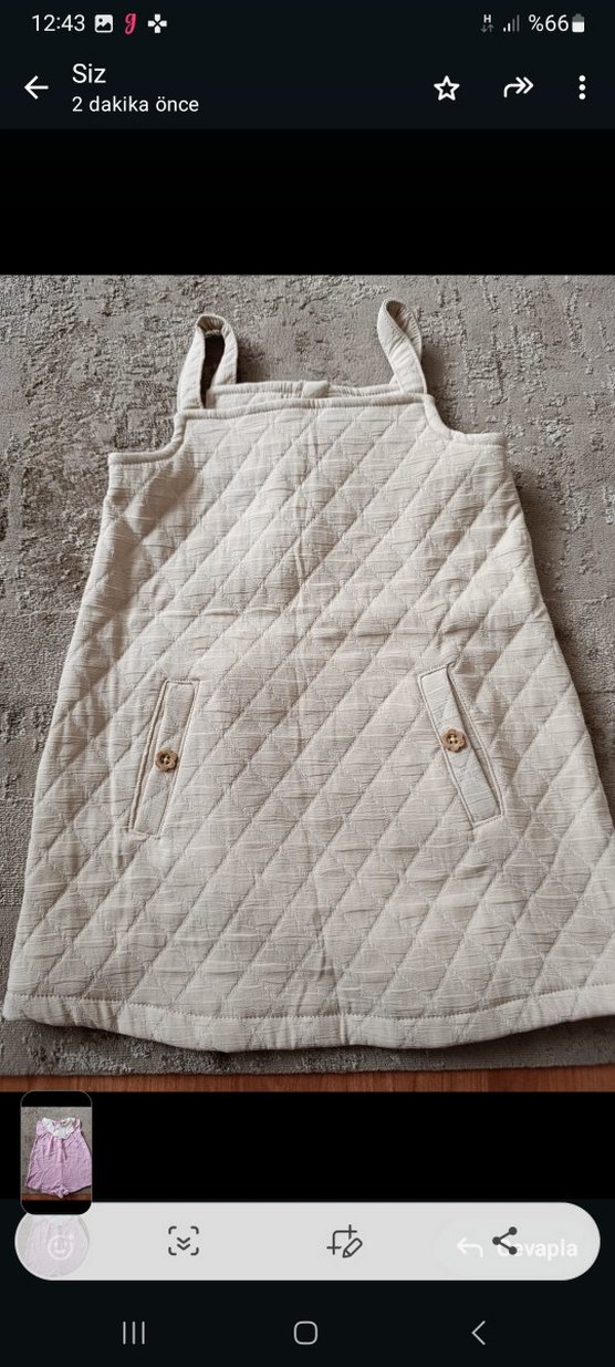 Kız Çocuk Bej Keten Piliseli Elbise - Görsel 3