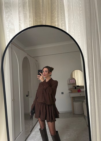 Kahverengi Deri Midi Mini Elbise - Görsel 2