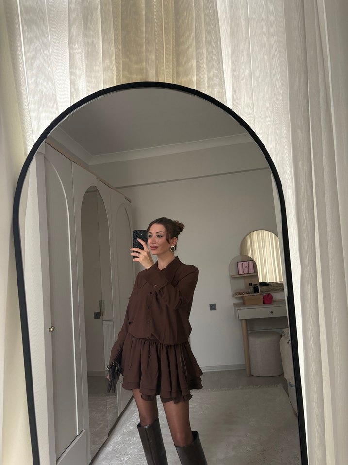 Kahverengi Deri Midi Mini Elbise - Görsel 2