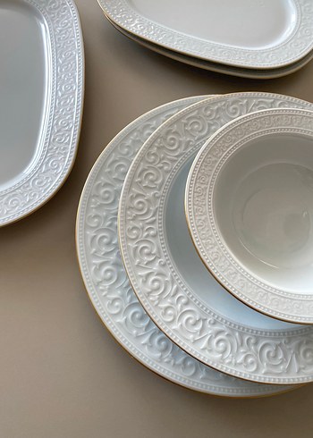 27prç 6kişilik !!!!kütahya Beyaz Kabartmalı Porselen Tabak Seti - Görsel 2