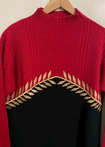 Nakışlı Uzun Kırmızı Siyah Triko Elbise - Görsel 2