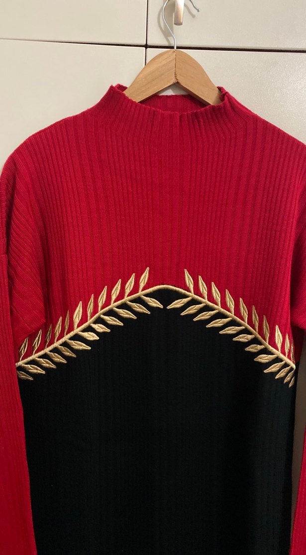 Nakışlı Uzun Kırmızı Siyah Triko Elbise - Görsel 2