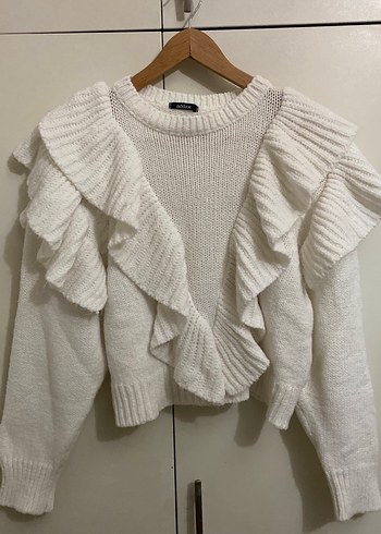 Beyaz Fırfırlı Triko Kadın Kazak - Görsel 3