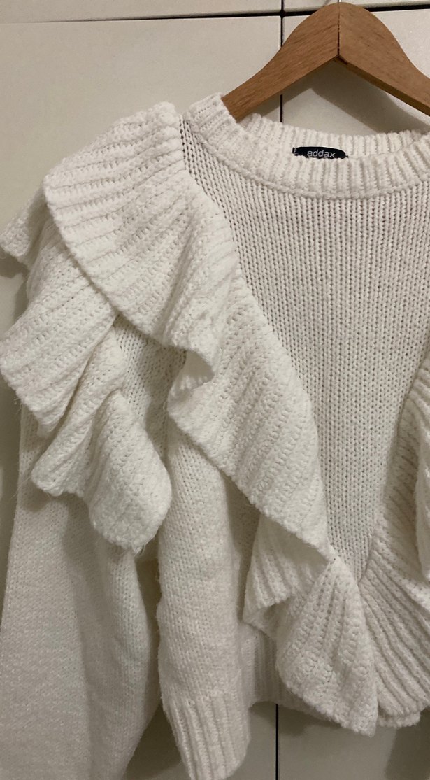 Beyaz Fırfırlı Triko Kadın Kazak - Görsel 2