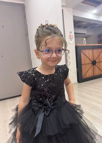 Kız Çocuk Siyah Parlak Kısa Kollu Elbise - Görsel 2