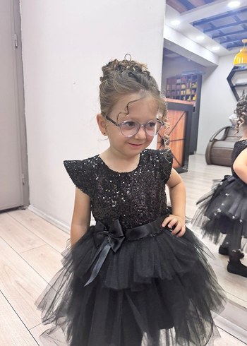 Kız Çocuk Siyah Parlak Kısa Kollu Elbise - Görsel 3