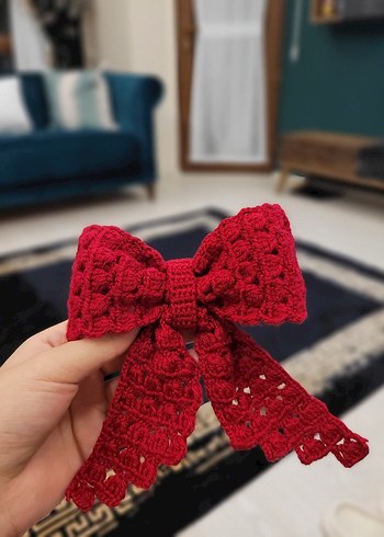 Kırmızı Örgü Fiyonk Saç Aksesuarı - Görsel 2