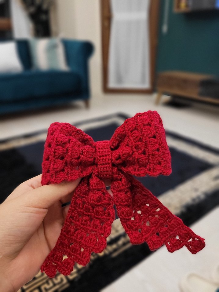 Kırmızı Örgü Fiyonk Saç Aksesuarı - Görsel 2