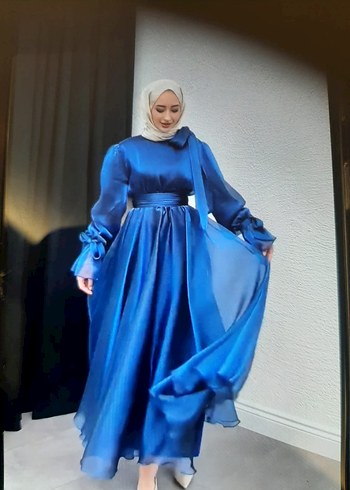 Mavi Uzun howela bağlama detaylı  Drapeli Kadın Abiye Elbise - Görsel 3