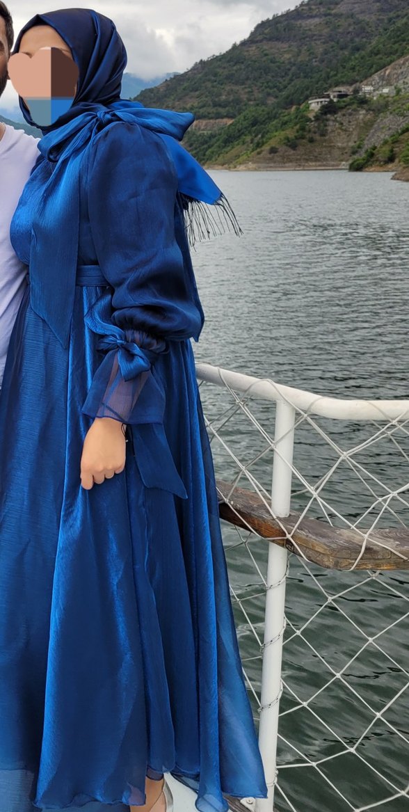 Mavi Uzun howela bağlama detaylı  Drapeli Kadın Abiye Elbise - Görsel 4