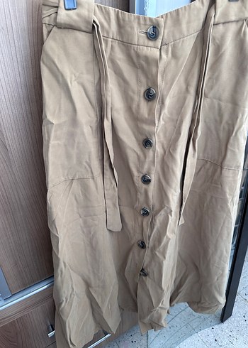 Düğmeli Bej Midi Keten Etek - Görsel 3