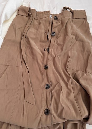 Düğmeli Bej Midi Keten Etek - Görsel 2