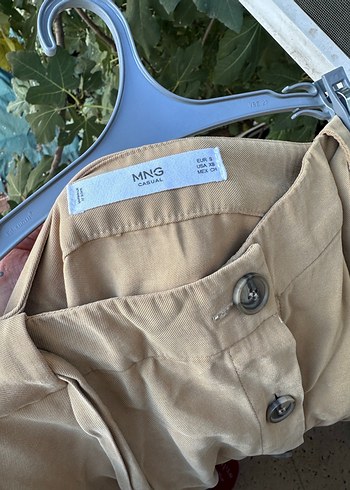 Düğmeli Bej Midi Keten Etek - Görsel 4