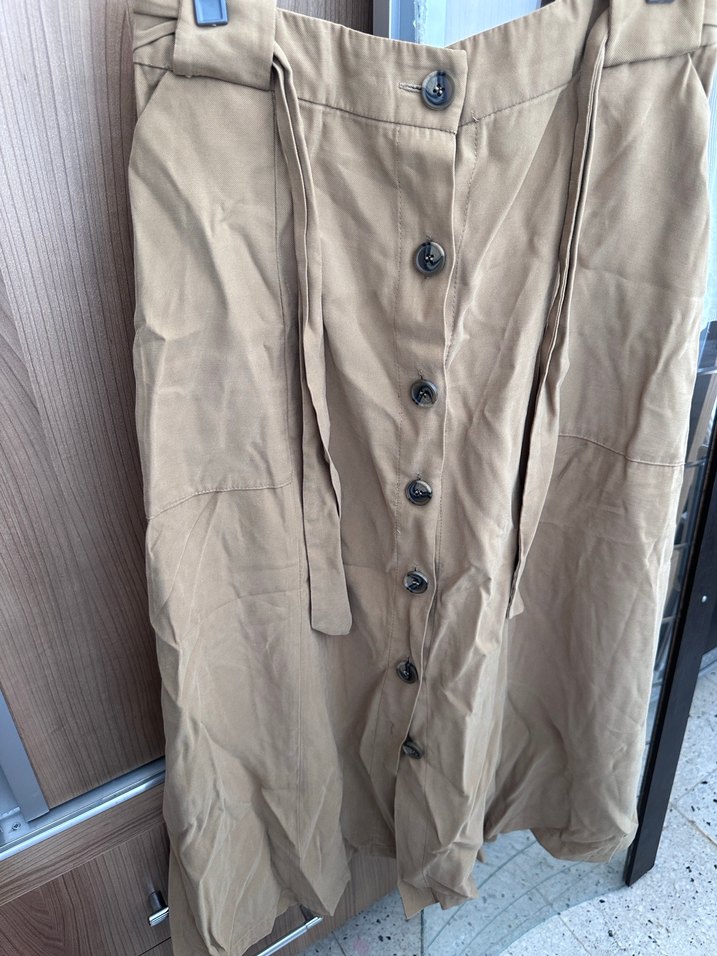 Düğmeli Bej Midi Keten Etek - Görsel 3