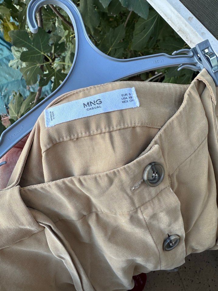 Düğmeli Bej Midi Keten Etek - Görsel 4