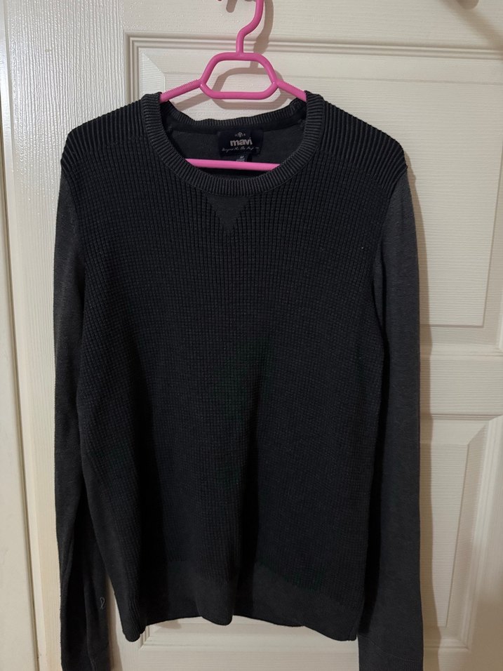 Gri Erkek Yün Kazak, Bisiklet Yaka, İnce Örgü MAVİ - Görsel 2