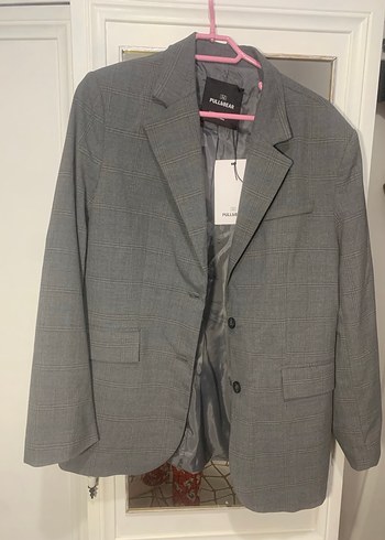 Gri Düğmeli Kadın Blazer Ceket kareli - Görsel 3