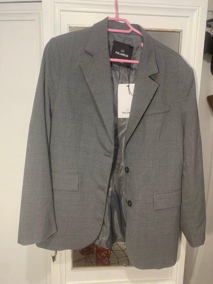 Gri Düğmeli Kadın Blazer Ceket kareli - Görsel 3