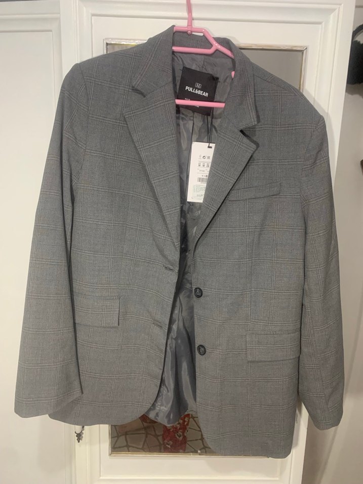 Gri Düğmeli Kadın Blazer Ceket kareli - Görsel 2