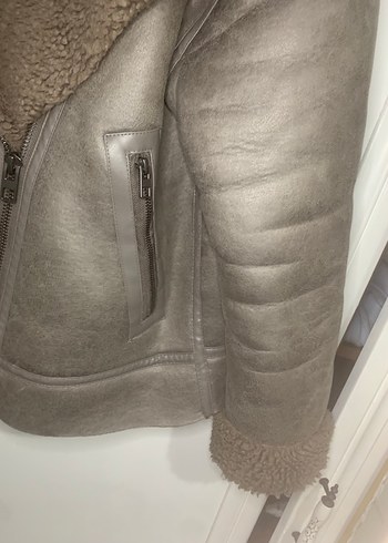 Gri Deri Kadın Ceket Kürklü Yakalı - Görsel 4