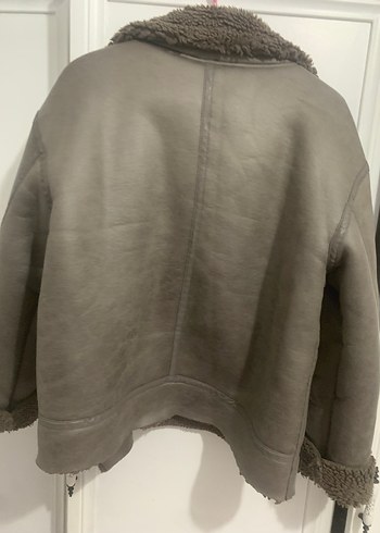 Gri Deri Kadın Ceket Kürklü Yakalı - Görsel 7