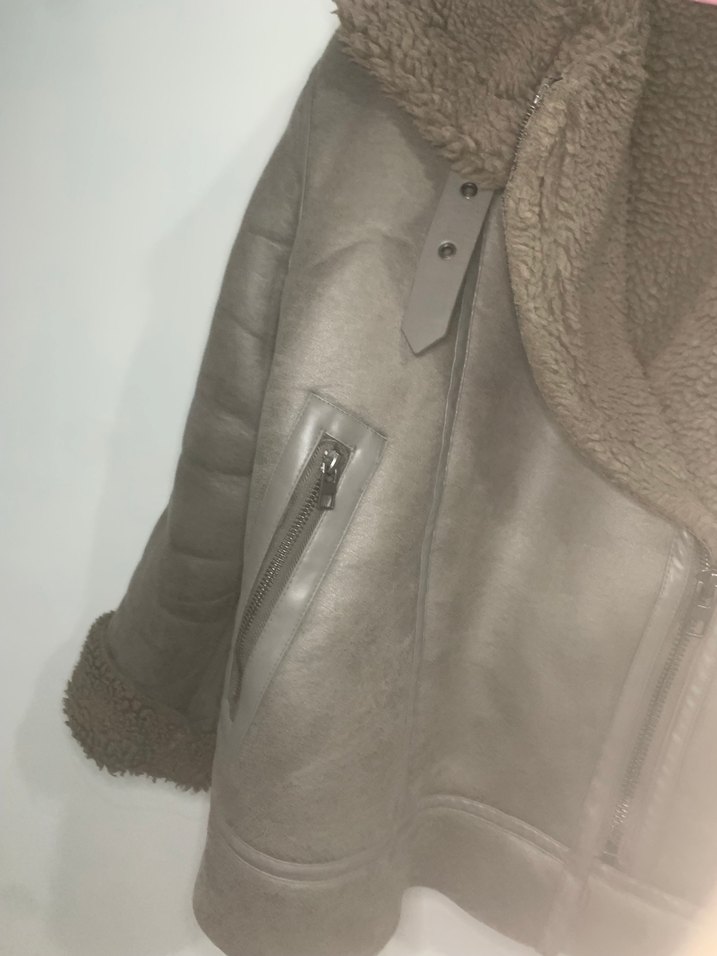 Gri Deri Kadın Ceket Kürklü Yakalı - Görsel 3