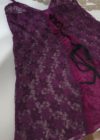 Mor Dantel Transparan Strappy Midi Gecelik - Görsel 2